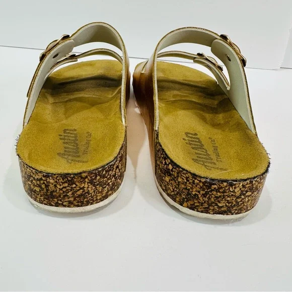 ๐ฉท AUSTIN TRADING CO. WOMENS ROSE GOLD DUAL STRAP CORK SLIDES SIZE 7 GOOD - Picture 7 of 13